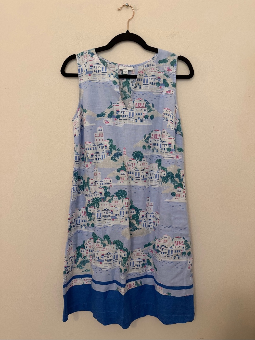J. Jill Love Linen Blue Mediterranean Print Dress Size XS Vacation Resortwear